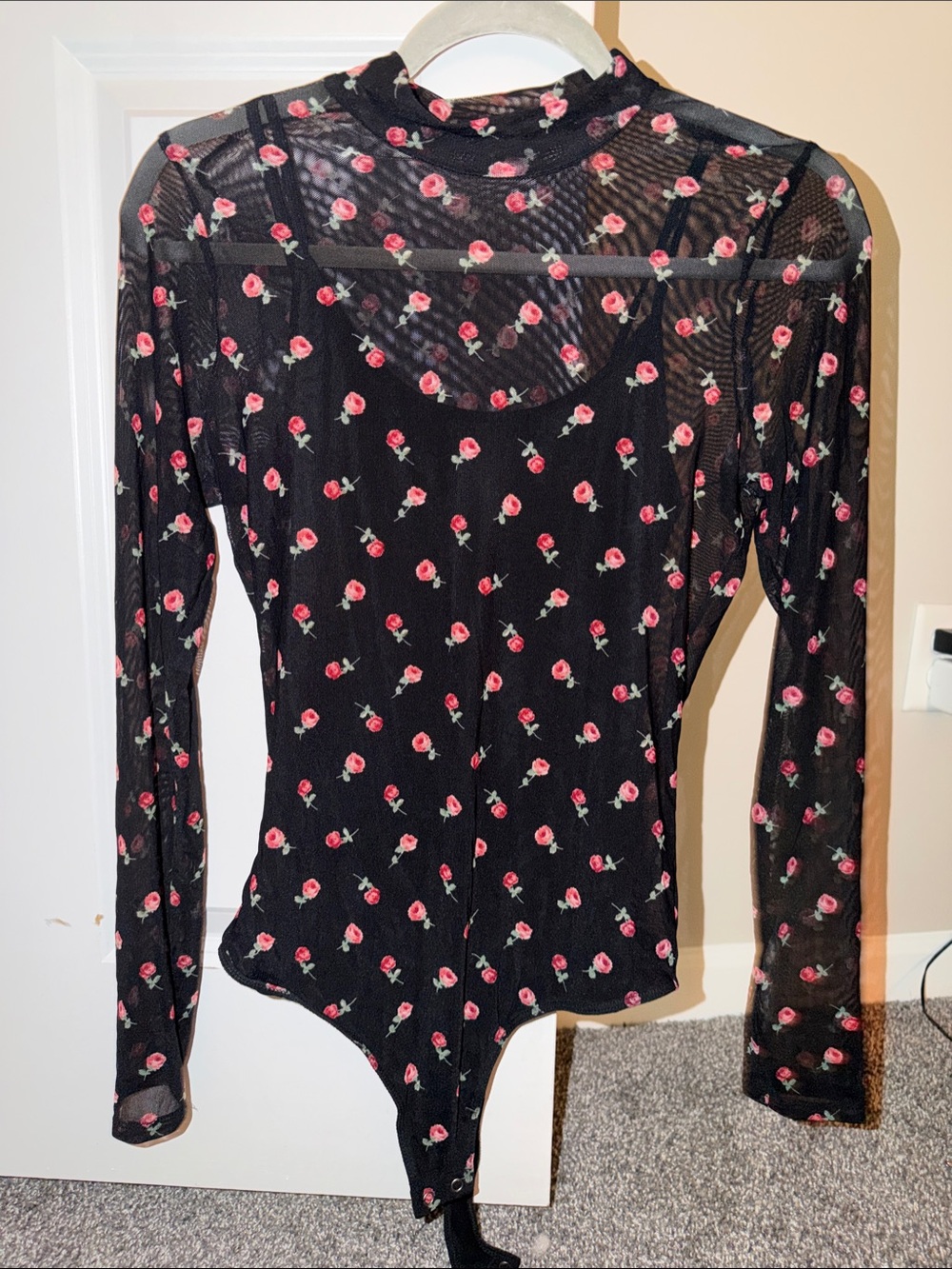 Black Floral Mesh Long-Sleeve Bodysuit - Women's Top